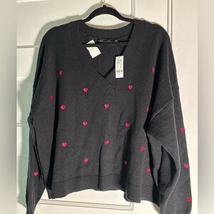 New York & Company Black V-Neck Sweater with Pink Heart Details